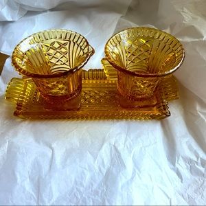 Vintage Art Deco pressed glass diamond ribbed creamer and sugar set with tray.